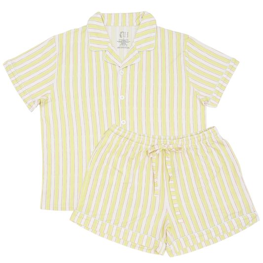 Womens Yellow Stripe Button Down Short Sleeve Short Set