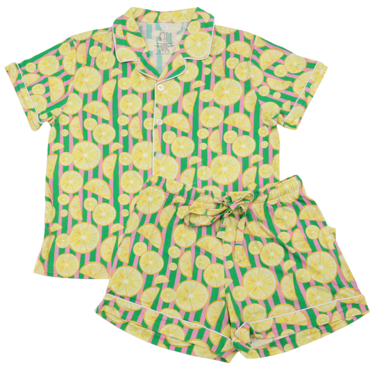 Womens Lemon Button Down Short Sleeve Short Set