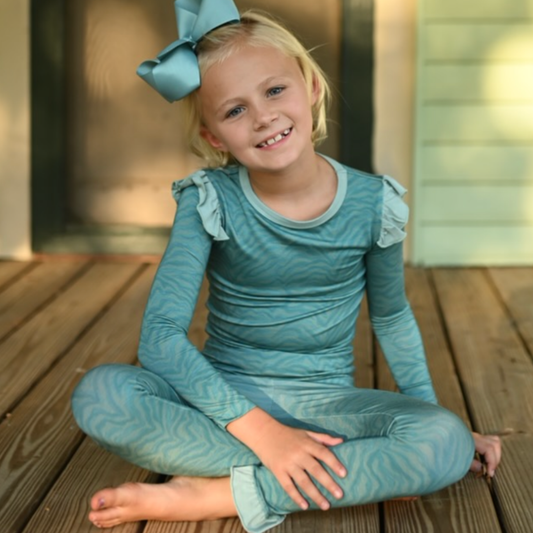 Girls Ruffle Teal Zebra Loungewear Set