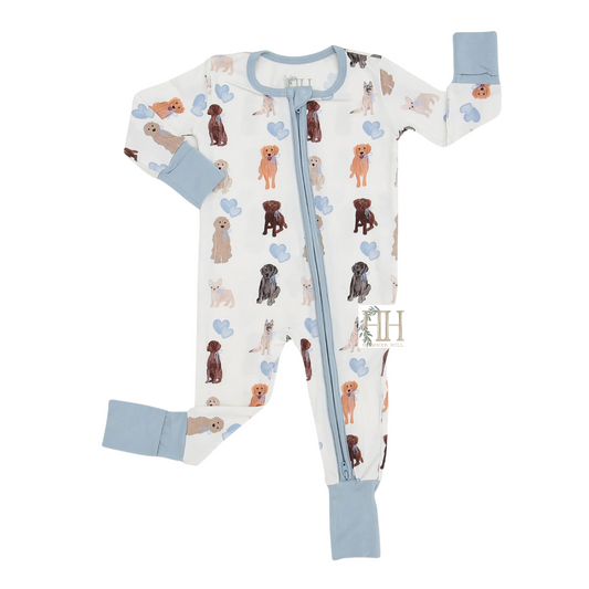 Boys Valentine Blue Puppy Party Double Zipper Romper