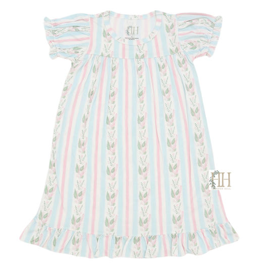 Girls Blue Floral Stripes Nightgown