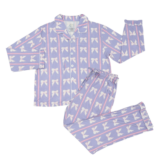 Women Purple Bow Button Down Pants Set