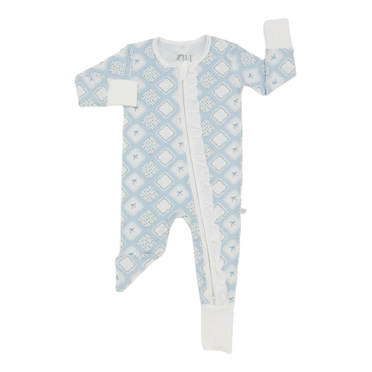 Girls Bow Quilted Patch Ruffle Double Zipper Romper