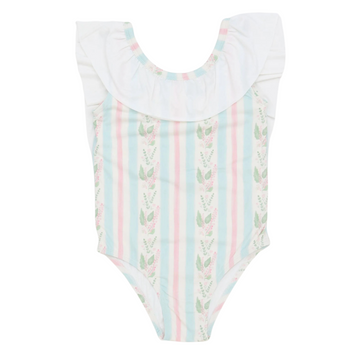 Girls Blue Floral Stripes Flutter Sleeve One Piece