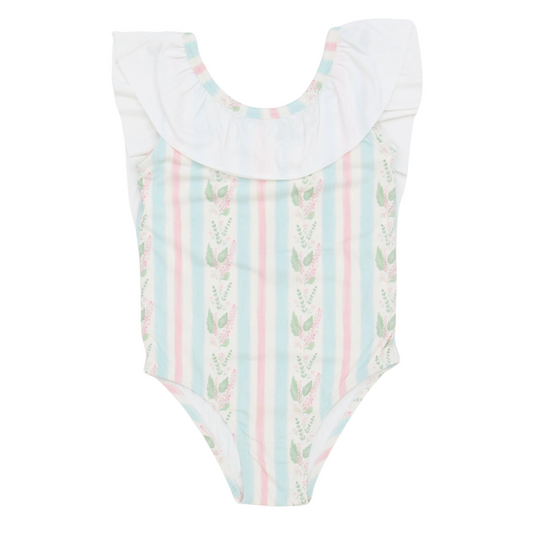 Girls Blue Floral Stripes Flutter Sleeve One Piece
