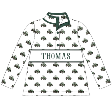 (PRE PURCHASE: ARRIVING LATE OCTOBER) Boys Smocked Plate Green Tractor Pullover