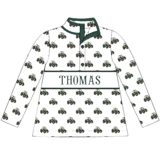 (PRE PURCHASE: ARRIVING LATE OCTOBER) Boys Smocked Plate Green Tractor Pullover