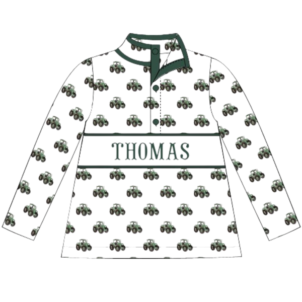 (PRE PURCHASE: ARRIVING LATE OCTOBER) Boys Smocked Plate Green Tractor Pullover