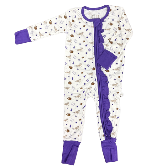 Girls Ruffle Purple Toad Pom Zipper Romper