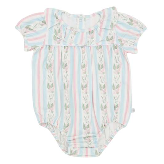 Girls Blue Floral Stripe Cotton Bubble with Ruffle