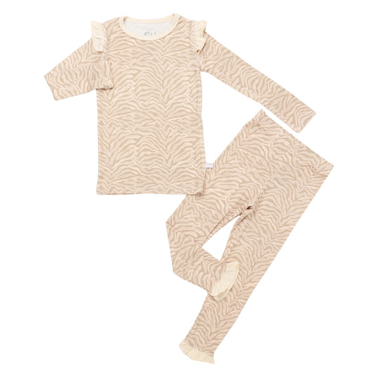 Girls Neutral Zebra Ruffle Loungewear Set
