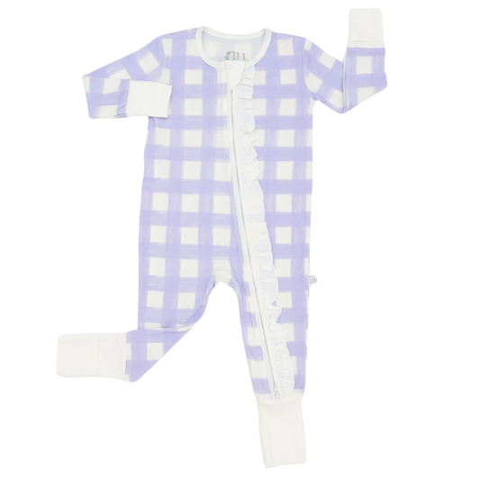 Girls Purple Check Double Zipper Romper