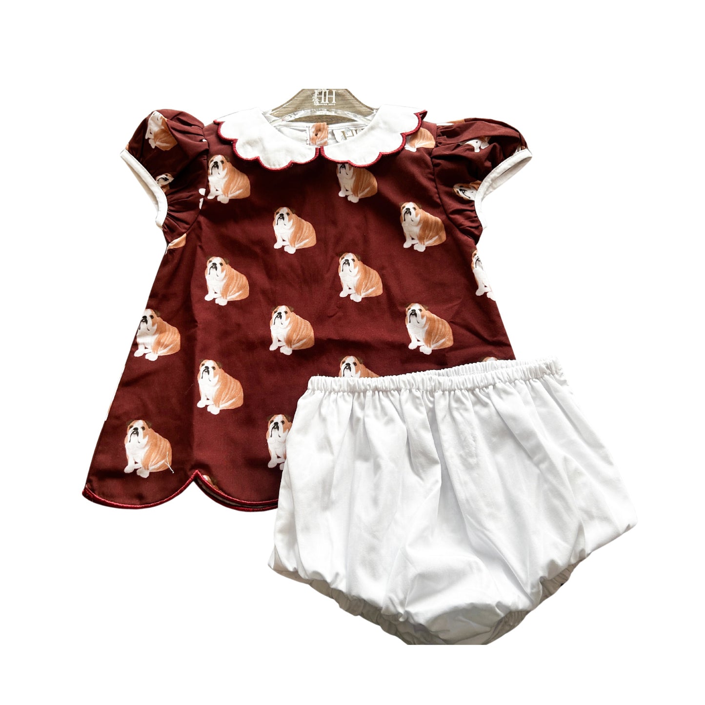 Maroon Bulldog Scalloped Peter Pan Top & Bloomer Set