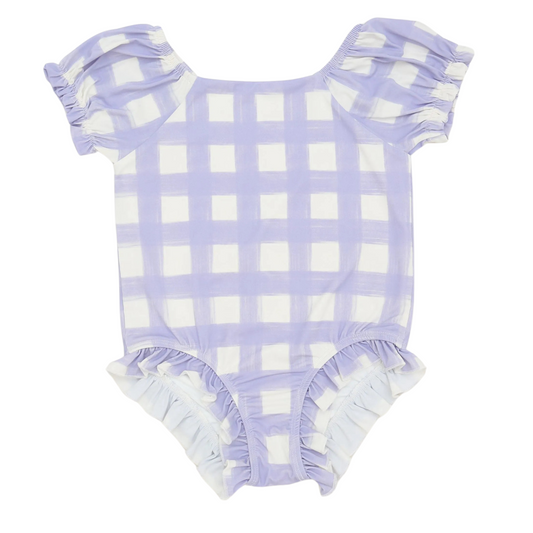 Girls Purple Check One Piece Swim
