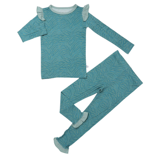 Girls Ruffle Teal Zebra Loungewear Set