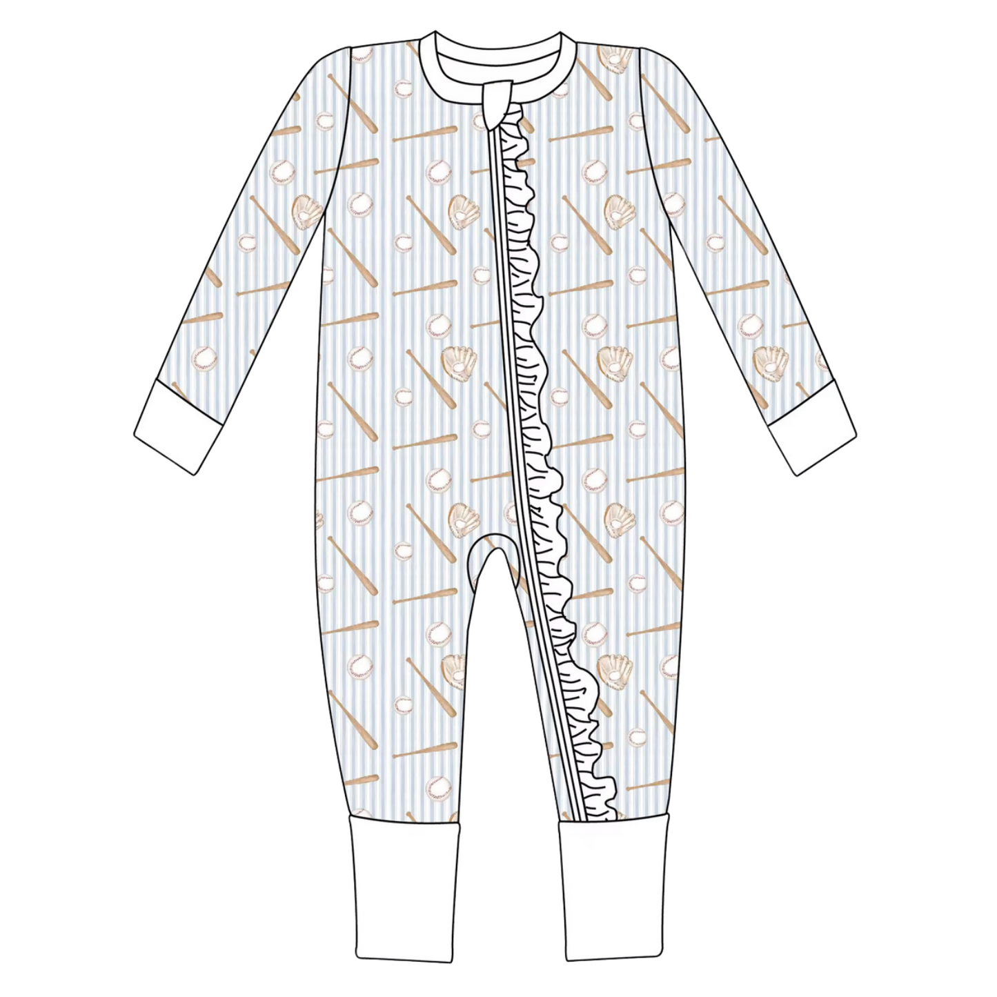 Girls Baseball Ruffle Double Zipper Romper