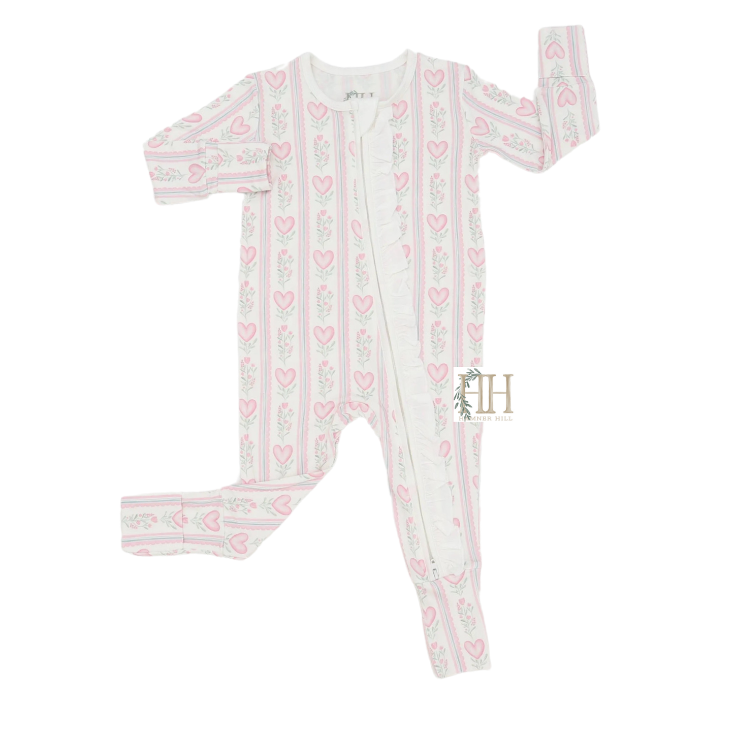 Girls Floral Heart Ruffle Double Zipper Romper