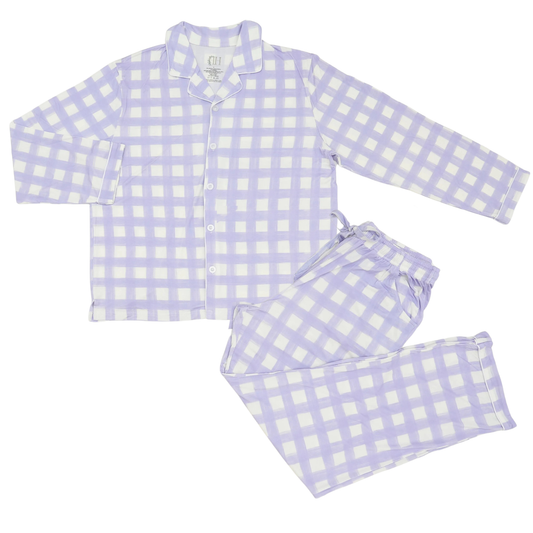 Womens Purple Check Long Sleeve Button Down Loungewear Set