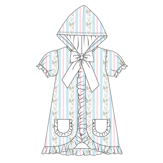 Girls Blue Floral Stripe Hooded Coverup