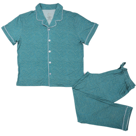 Womens Teal Zebra Short Sleeve Button Down Pants Set