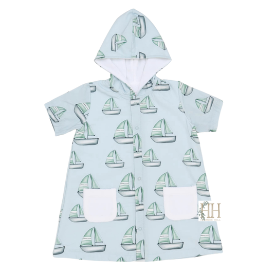 Boys Blue Sailboat Hooded Coverup