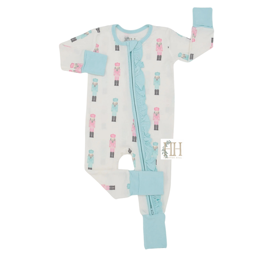 Pink & Teal Nutcracker Double Zipper Romper