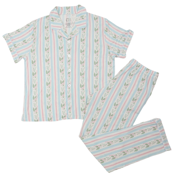 Womens Blue Floral Stripe Short Sleeve Button Down Pants Set