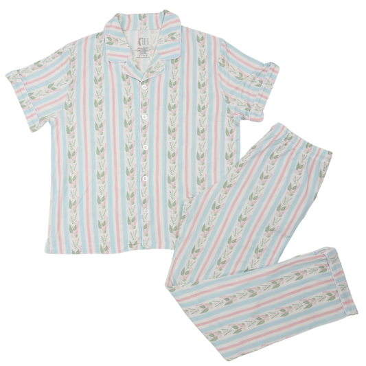 Womens Blue Floral Stripe Short Sleeve Button Down Pants Set
