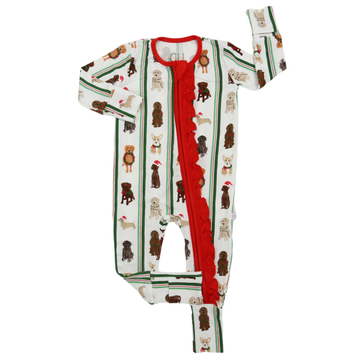 Girls Santa Pups Ruffle Zipper Romper