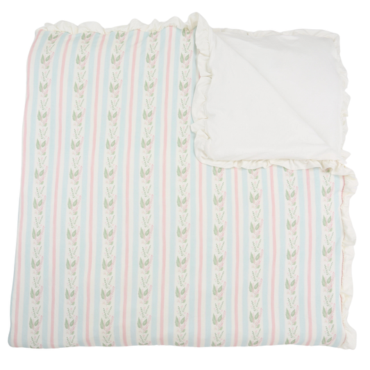 Blue Floral Stripe Ruffle Large Blanket
