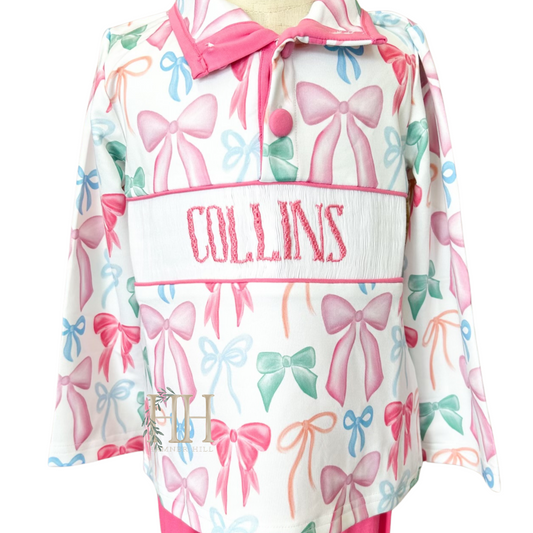 (PRE PURCHASE: ARRIVING LATE OCTOBER) Girls Smocked Plate Put a Bow on It Pullover