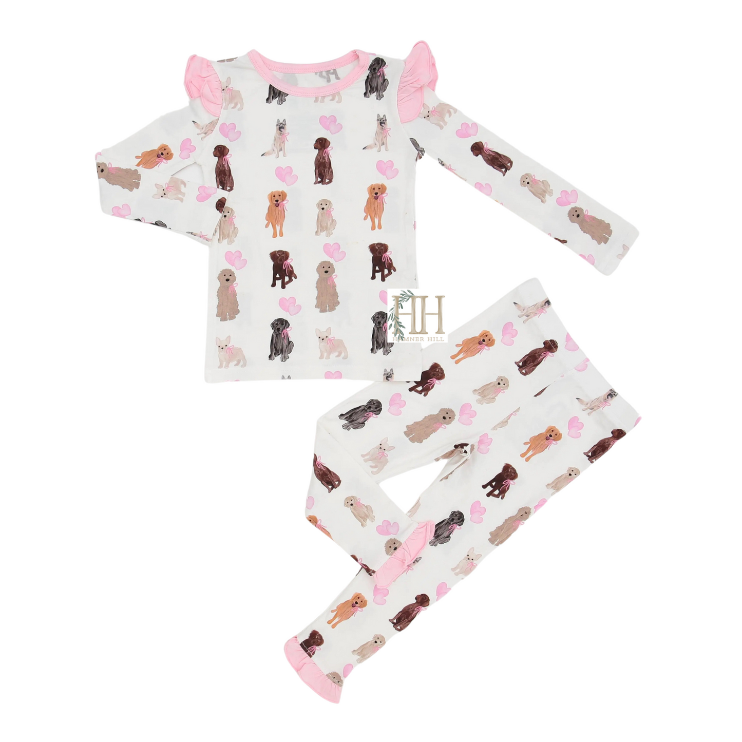 Girls Valentine Pink Puppy Party Ruffle Loungewear Set