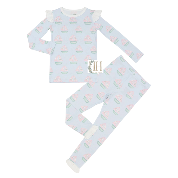 (PRE ORDER : SHIPS 5/1) - Girls Sailboat Ruffle Loungewear Set