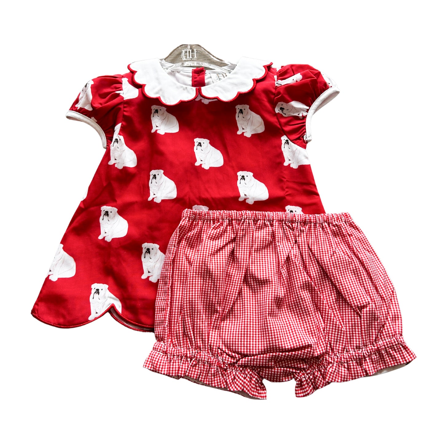 Red Bulldog Scalloped Peter Pan Top & Bloomer Set