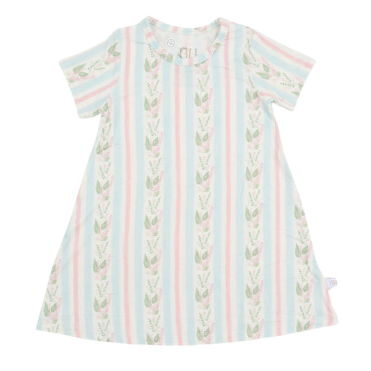 Girls Blue Floral Stripe Bamboo Dress