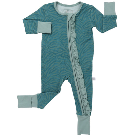 Girls Ruffle Teal Zebra Zipper Romper
