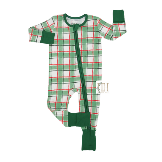 Green Check Double Zipper Romper