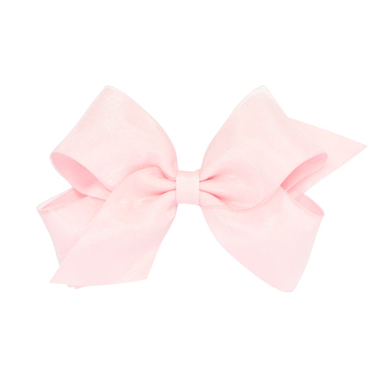 Medium Organza and Grosgrain Overlay Hair Bow - Light Pink