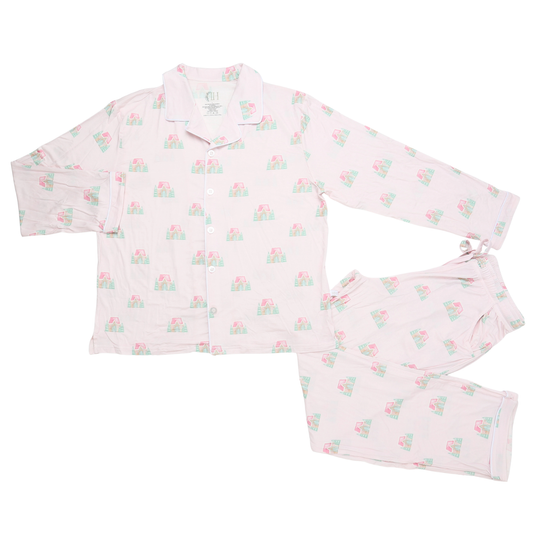 Womens Gingerbread Cottage Button Down Loungewear Set