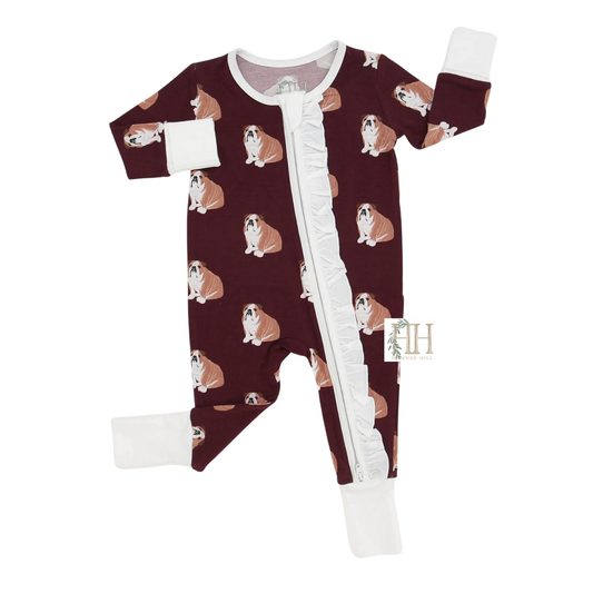 Girls Ruffle Maroon Bulldog Zipper Romper