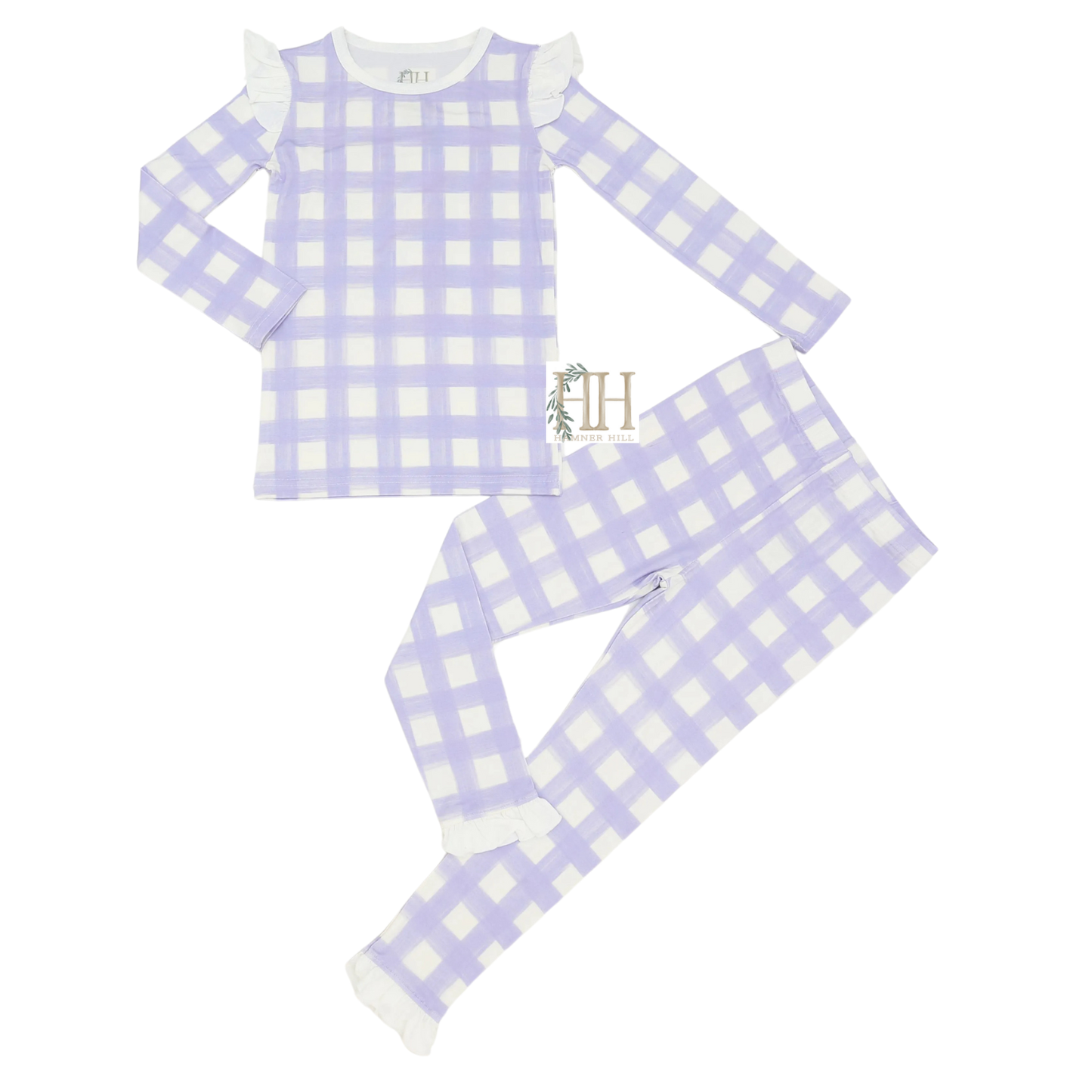 Girls Purple Check Ruffle Loungewear Set
