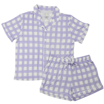 Womens Purple Check Button Down Short Sleeve Short Set