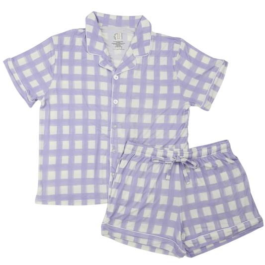 Womens Purple Check Button Down Short Sleeve Short Set
