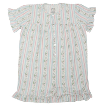 Womens Blue Floral Stripe Ruffle Sleeve Bamboo Nightgown