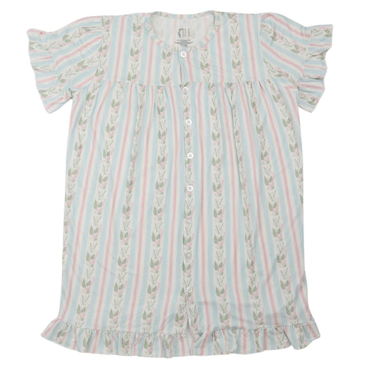 Womens Blue Floral Stripe Ruffle Sleeve Bamboo Nightgown