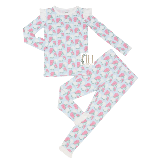 Girls Pink Hydrangea Ruffle Loungewear Set