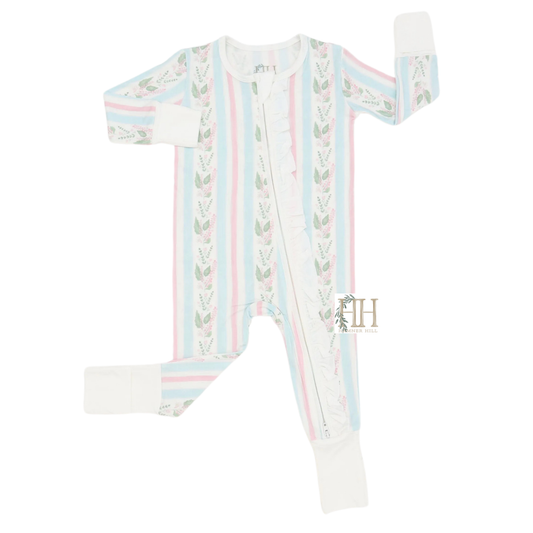 Girls Floral Blue Stripes Ruffle Double Zipper Romper