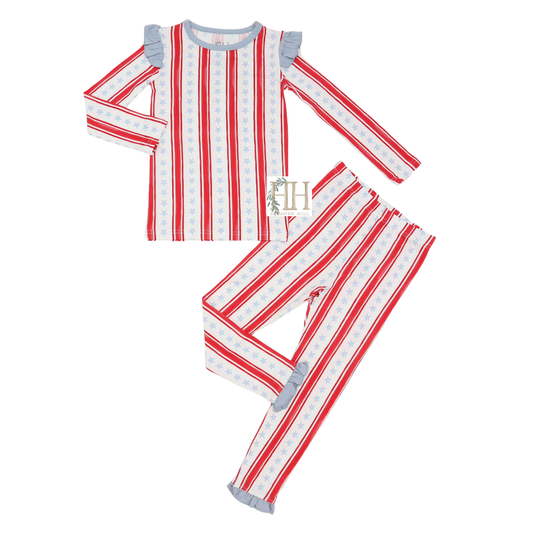 Girls Stars and Stripes Ruffle Double Zipper Romper