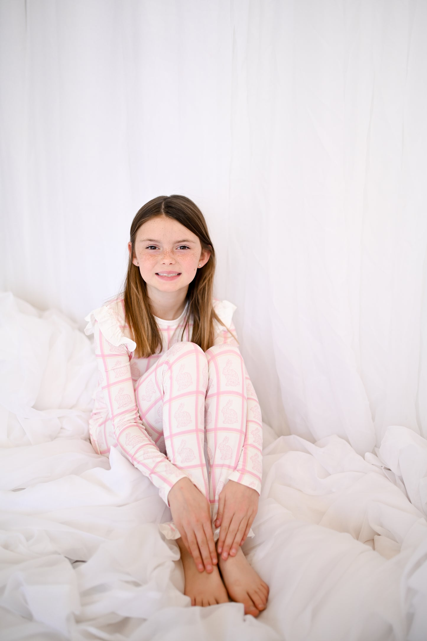 Girls Pink Check Bunny Ruffle Loungewear Set
