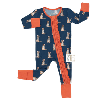 Girls Ruffle Navy Tiger Zipper Romper